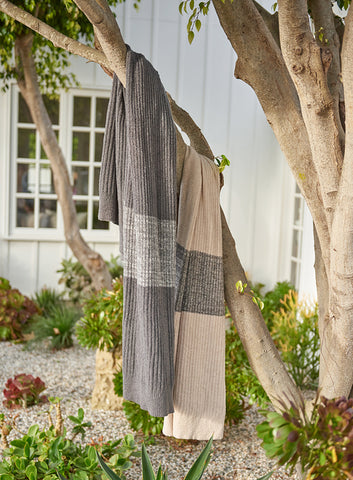 Barefoot Dreams CozyChic® Blanket w/Heathered Stripe Camel/Stone One Size